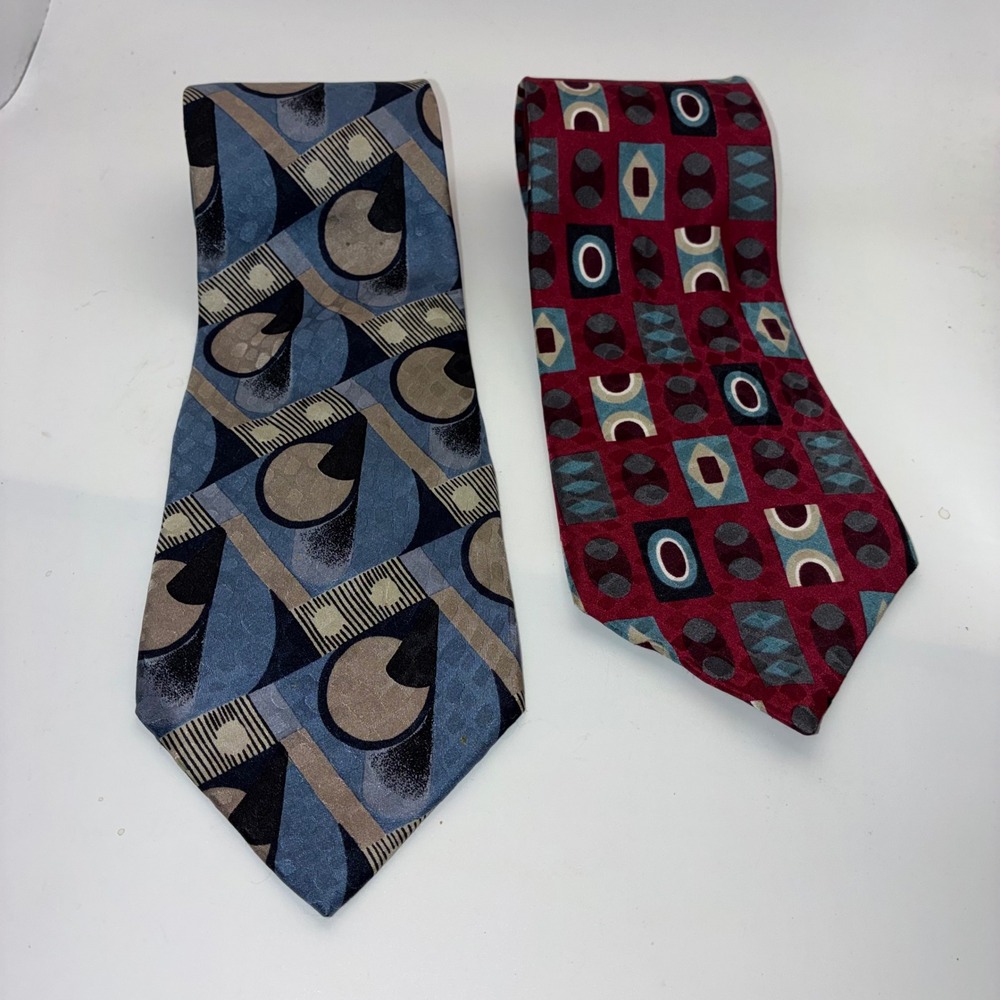 Biella Mens Silk‎ Necktie Lot 2 Abstract Geometric Blue Burgundy Made in USA